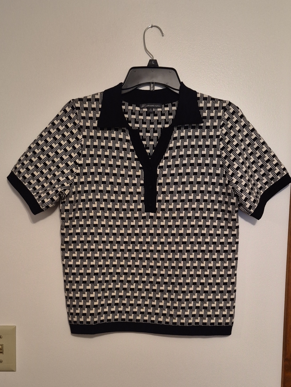 Adrianna Papell Black and White Geometric Knit Polo Sweatwr Sz M